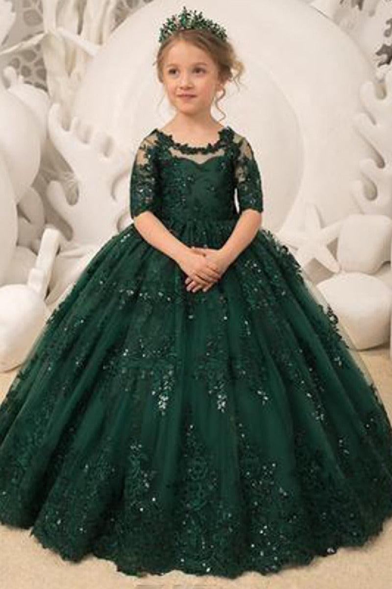 A-Line Illusion Half Sleeve Floor Length Flower Girl Dresses 639993621131 - 10 Days / Emerald Green / 2 - COCOMELODY